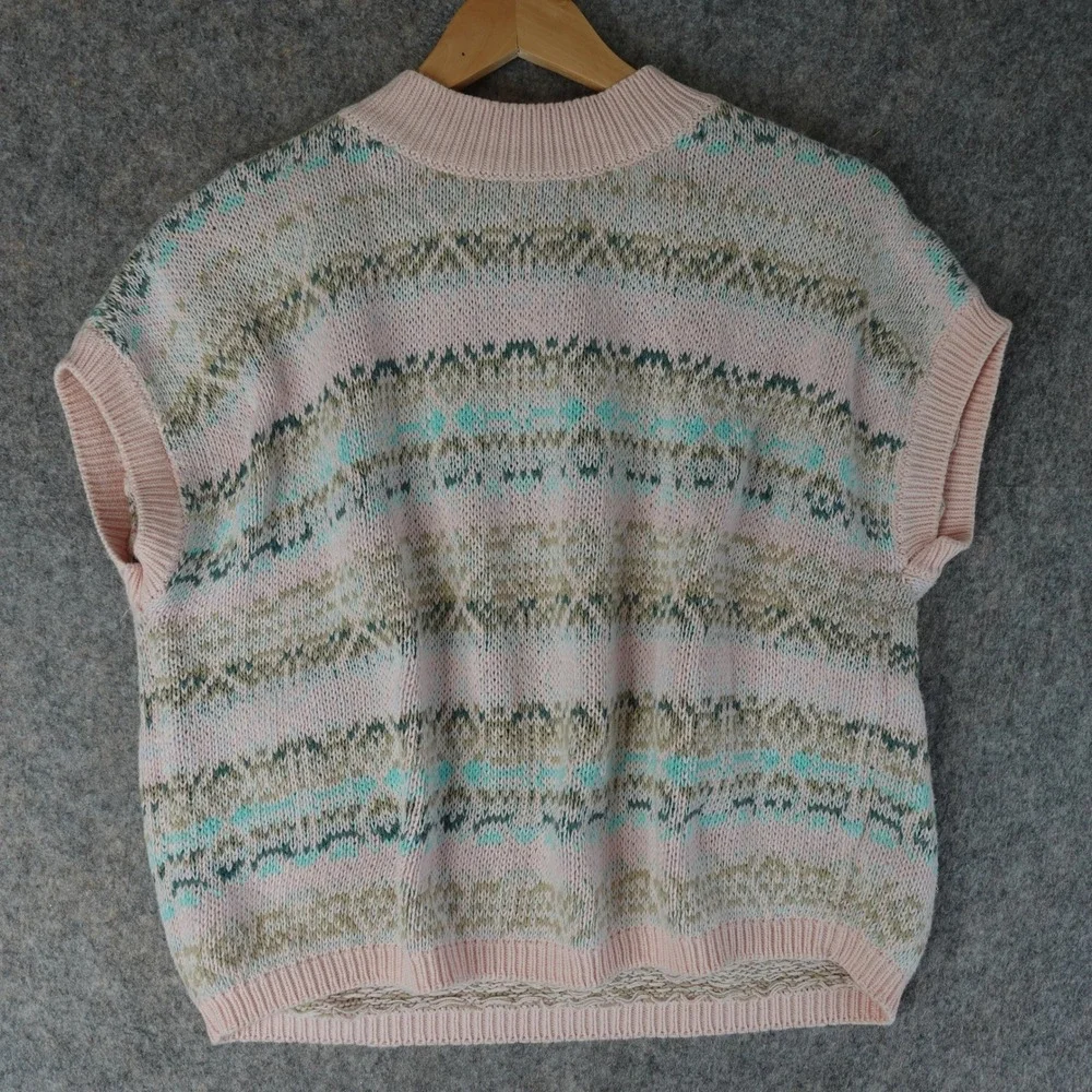 Vintage 90s Benetton Sweater Vest Womens L Pink Fair Isle Henley Knit Italy Prep
